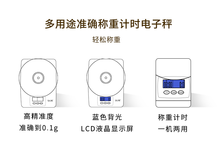 YAMI YM5506 多功能吧台专业电子称,高精准度,蓝色背光,称重计时
