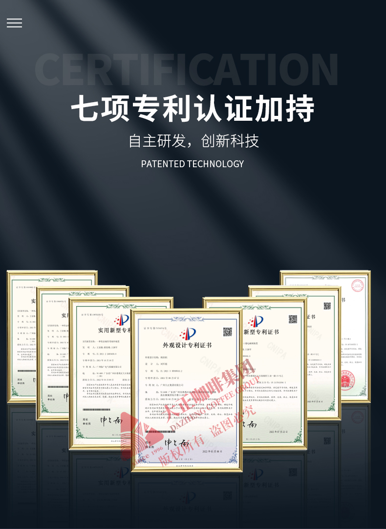 七项专利认证加持
自主研发，创新科技