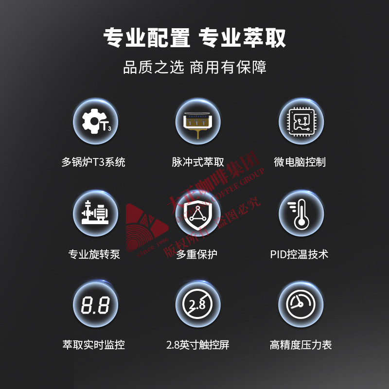 ①　一键启动，开机自动补水
②　三组锅炉温度可调，可适配不同配方
③　机器自带预浸泡功能，提高茶叶萃取率
④　7个按键，可设定6组参数
⑤　脉冲式萃茶，六段式预浸泡出水，随意控制每段出水量出水量精准至1g,特制萃茶手柄可调整容量与压力，采用专用滤网使茶叶与茶汤自动分离
⑥　一键逆冲洗功能，可直接启动逆冲洗程序
⑦　ECO节能模式设置
⑧　2.8英寸圆形触控屏，萃取时显示屏可实时显示萃取数据
⑨　电子防干烧功能、电子过热保护功能、机械式超压保护功能等多重安全防护