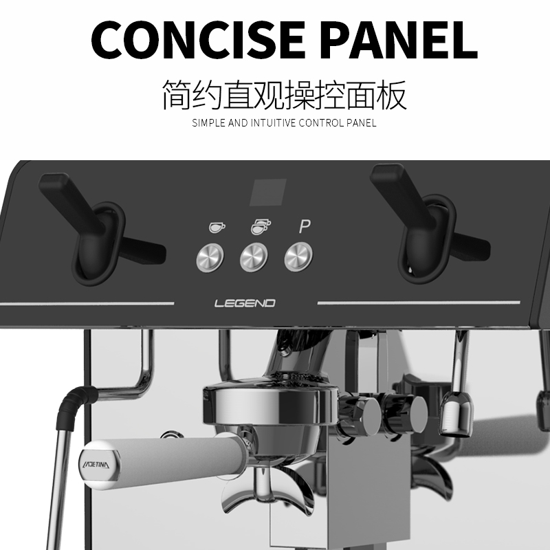 ①　创新的外观设计、E61冲泡头
②　外观采用航空铝材料喷涂工艺及结合暗金不锈钢设计，配炫
酷LED灯光镜面效果
③　内置商用级旋转式叶片泵，提供持续恒定基取水压
④　专业微电脑控制水位监测系统，高温监测系统，有效防止加
热系统干烧
⑤　采用高精度双压力表，独立显示水压和气压
⑥　外置热水口，为临时性少量热水需求，提供便捷的方案
⑦　咖啡萃取照明射灯，贴心设计，让咖啡师萃取的时候更直观
看到Espresso表面色泽
⑧　简约直观的萃取计时功能设计，为萃取每一杯醇厚的咖啡
定格时间参考
⑨　一键开机，自动补水、自动加热功能，快速智能化启动
⑩　传承以往预浸泡功能，为每一杯咖啡的香浓醇厚提供保障
⑪　整机附带电子高温、机械高温、机械高压等多重安全防护功能
⑫　双蒸汽管，拨杆式蒸汽阀配置，全方位多向蒸汽喷嘴，以快
速便捷的方式制作绵密奶泡
⑬　采用纯紫铜锅炉及节能工艺，有效提高子母锅炉热交换效率
保障持续萃取的温度稳定