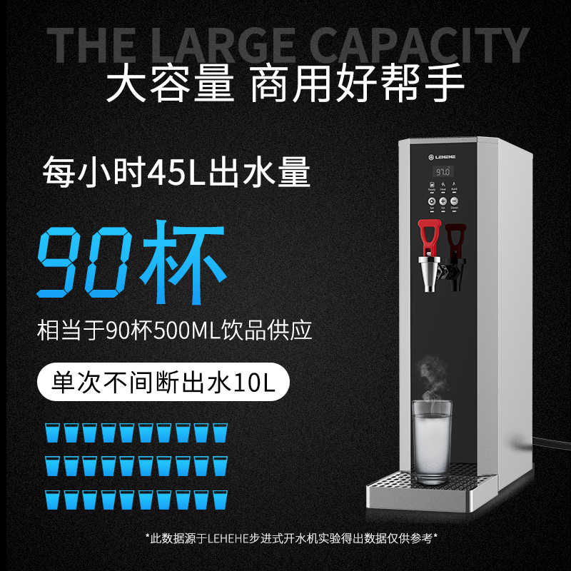 ①　采用步进式智能技术，步进式进水，逐层加热，开水即用，
操作不等待
②　外观与黑银色相融合，贴心设计，高端简洁又大气
③　不锈钢水龙头，结实耐用;高出水口设计，让你接水更从容;
底部配有防濑接水盒，防止开水溅出，安全更可靠
④　开水调节区间为40~97°C，单次出水量约10L，每小时出水45L
⑤　自定义温度，显示屏可实时观测，清晰明了，实时掌握最新运
行状态
⑥　顶部设计锅炉清洁粉入口，可放入清洁粉清洁，有助于延长机
器使用寿命