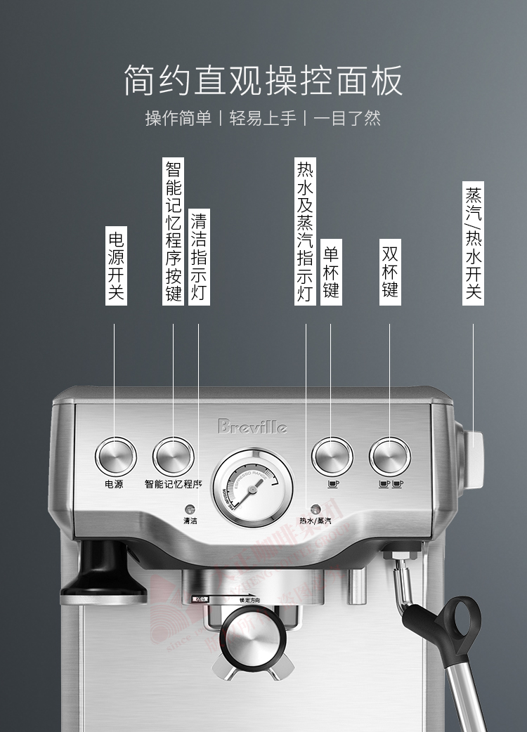 Breville铂富咖啡机 BES840,简约直观操控面板